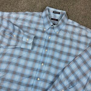 Overton Mens Large Blue Plaid Long Sleeve Button Down 100% Cotton Shirt‎